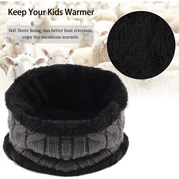 Kids Boys Girls Winter Warm Knit  Beanie Hat Cap Neck Scarf Set with Fleece - Picture 4 of 6